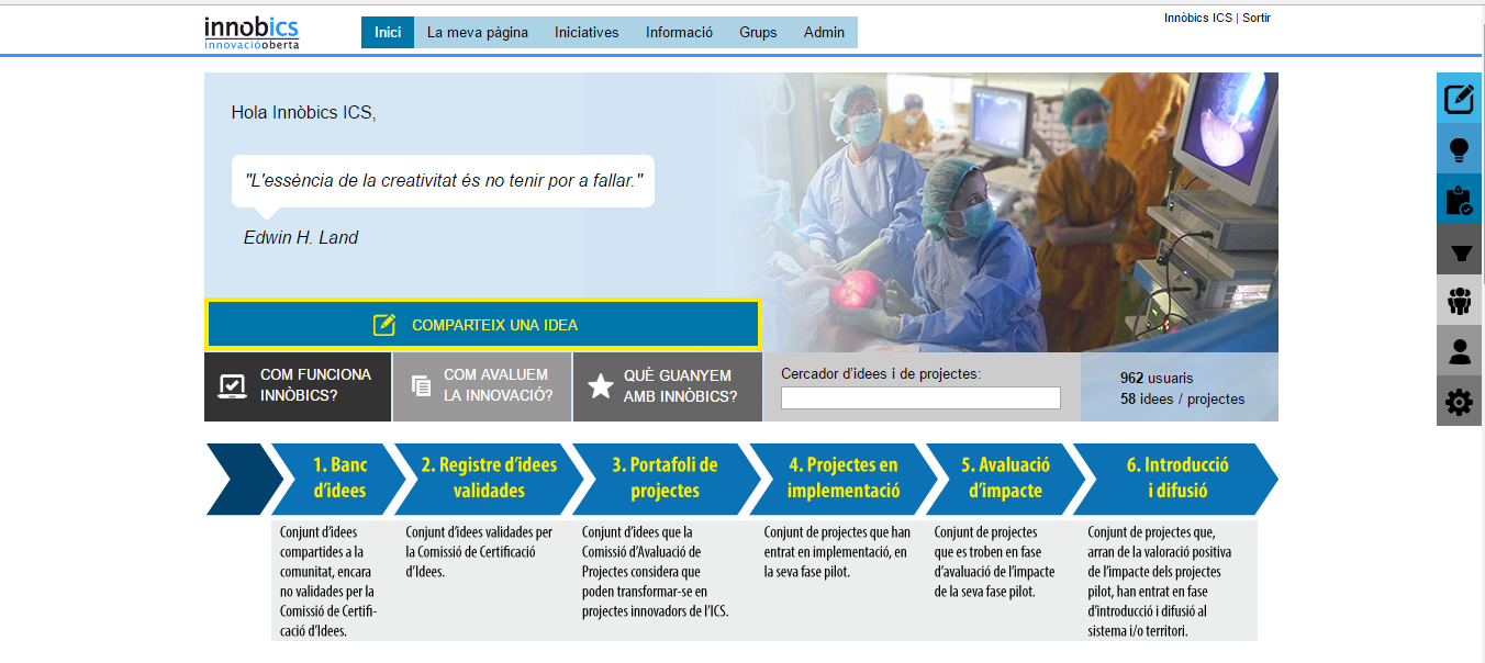 Visión de la página principal de la plataforma digital Innòbics